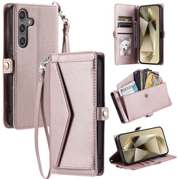 Compatible with Samsung Galaxy A16 5G/4G Envelope Style Wallet Case, with Wrist Strap and Crossbody Strap, Flip Card Holder Stand Rugged Cell Phone Cover for Samsung Galaxy A16 Women Men - Rosegold