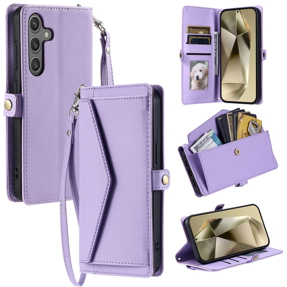 Compatible with Samsung Galaxy A16 5G/4G Envelope Style Wallet Case, with Wrist Strap and Crossbody Strap, Flip Card Holder Stand Rugged Cell Phone Cover for Samsung Galaxy A16 Women Men - Purple