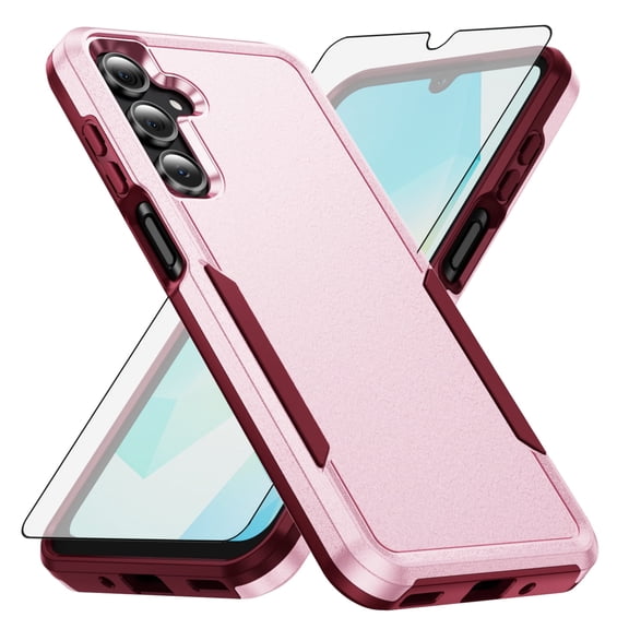 Compatible with Samsung Galaxy A16 5G/4G Phone Case Tempered Glass Screen Protector Hybrid Rugged Shockproof Hard Protective Drop Proof Full Body Heavy Duty Mobile Cell Cover for A 16 16A A166U Pink