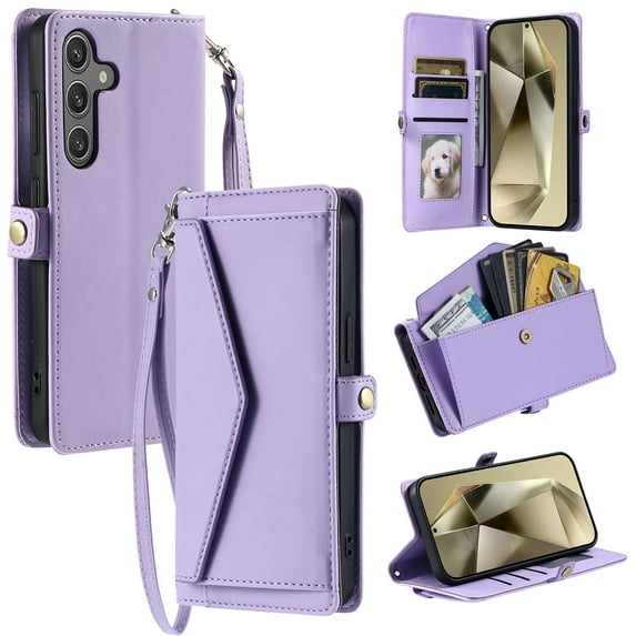 Compatible with Samsung Galaxy A16 5G Crossbody Wallet Case with Card Holder,Women Men RFID Blocking PU Leather Flip Cover Wrist Strap Card Slots Cash Pocket,Shockproof Case,Purple