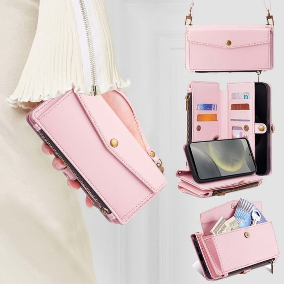 Compatible with Samsung Galaxy A16 5G Crossbody Wallet Case,Flip Folding Kickstand,With Card Slots,Long Strap&Short Strap,Zipper Pocket,Shockproof Heavy Duty PU Leather Phone Case,Pink