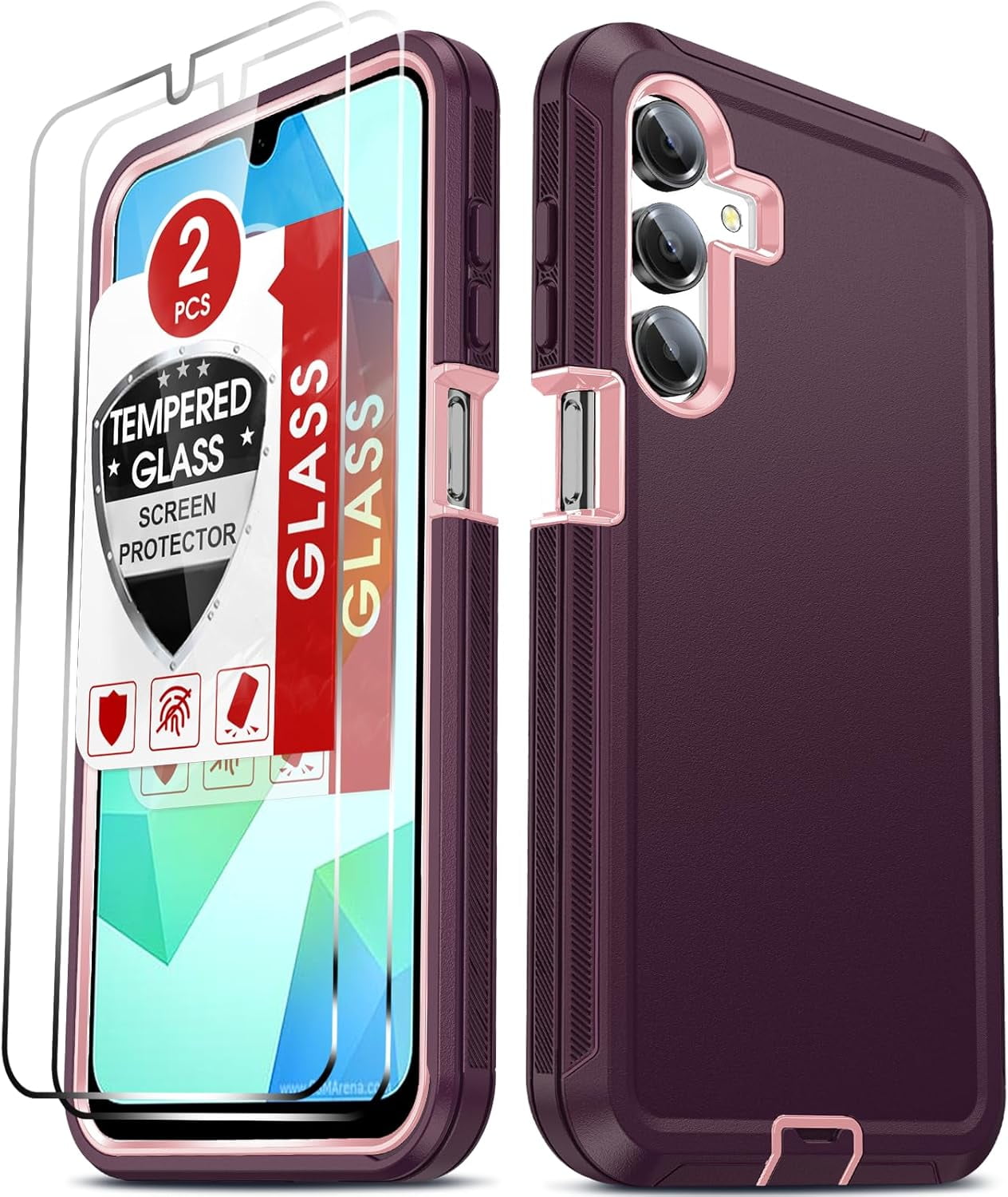 Compatible for Samsung Galaxy A16 5G Phone Case:NOT FIT A15 5G 2 PCS  Tempered Glass Screen Protector, Heavy Duty 3 in 1 Rugged Cover, Shockproof  Android Funda para A 16 5G, Wine