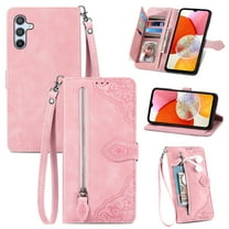Compatible for Samsung Galaxy A16 5G Wallet Case for Women Girls with Card Holder - Retro Embossed Flower Zipper Wallet PU Leather Flip Cover with Detachable Wrist Hand Strap, Pink