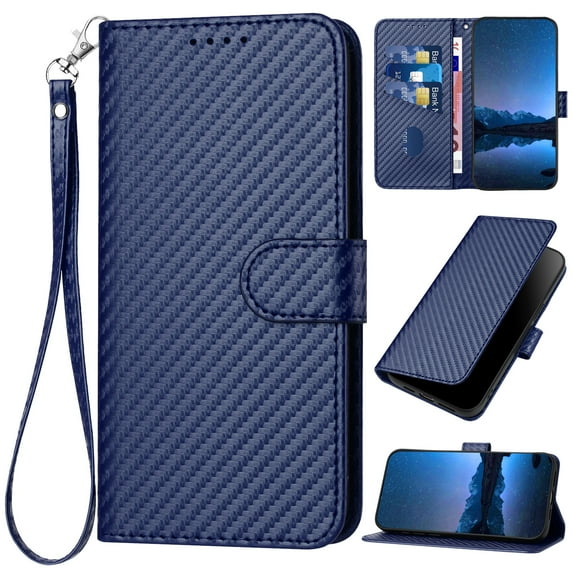 Compatible with Samsung Galaxy A16 4G/5G Wallet Case, with Wrist Strap Carbon Fiber Texture PU Leather Flip Card Holder Stand Phone Cover for Samsung Galaxy A16 4G/5G Women Men, Dark Blue