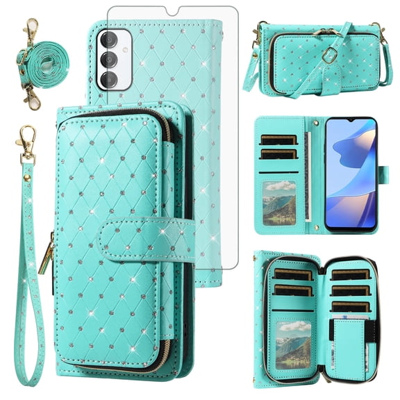 Compatible with Samsung Galaxy A16/A26 5G Wallet Phone Case Tempered Glass Screen Protector Bling Glitter Crossbody Lanyard Strap Flip Zipper Purse Card Holder Cell Cover for A 16 16A 26A Women Green