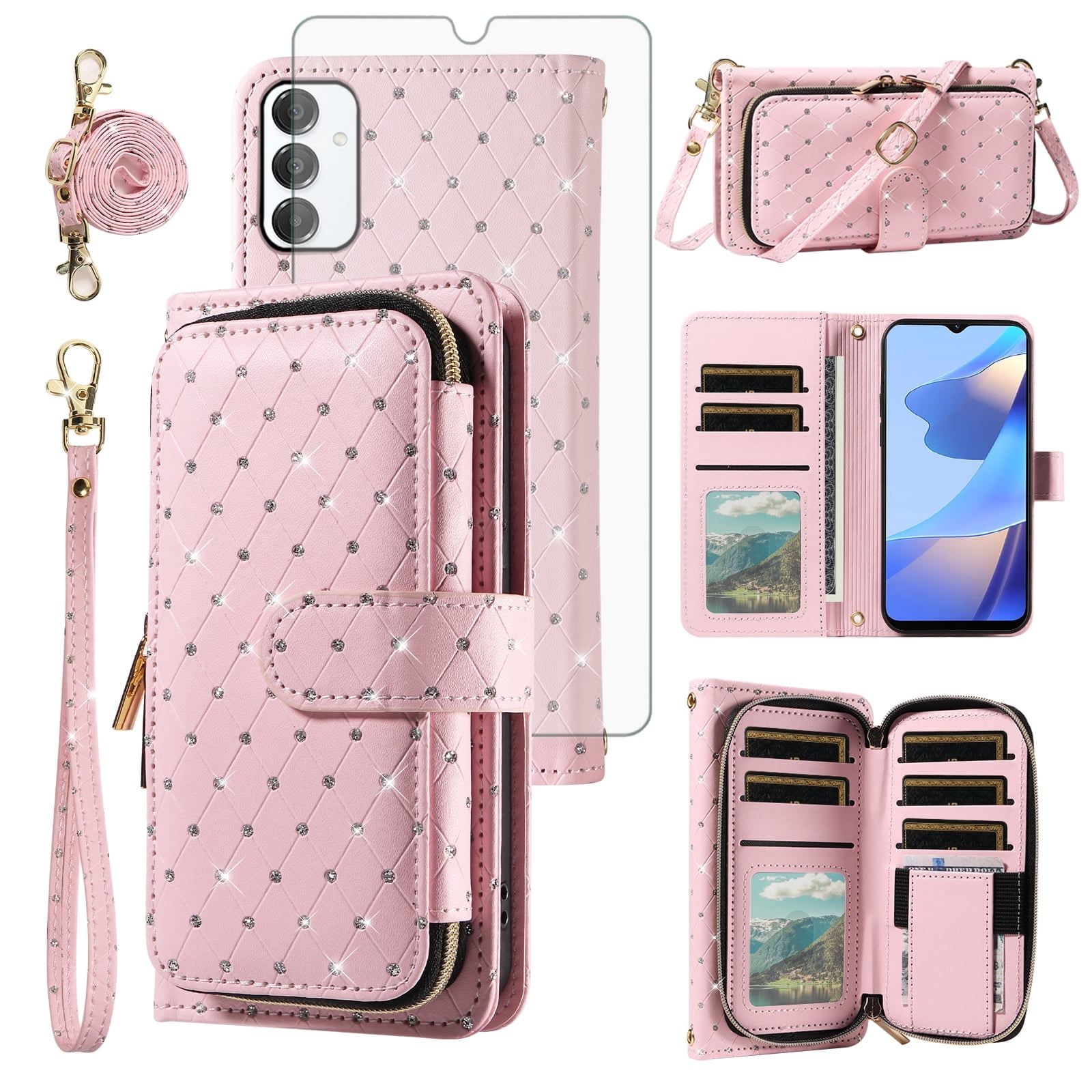 Compatible with Samsung Galaxy A16/A26 5G Wallet Phone Case Tempered Glass Screen Protector Bling Glitter Crossbody Lanyard Strap Flip Zipper Purse Card Holder Cell Cover for A 16 16A 26A Women Pink