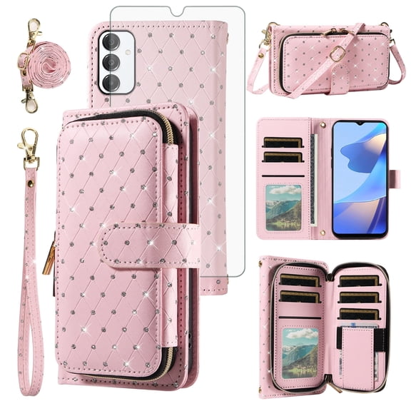 Compatible with Samsung Galaxy A16/A26 5G Wallet Phone Case Tempered Glass Screen Protector Bling Glitter Crossbody Lanyard Strap Flip Zipper Purse Card Holder Cell Cover for A 16 16A 26A Women Pink