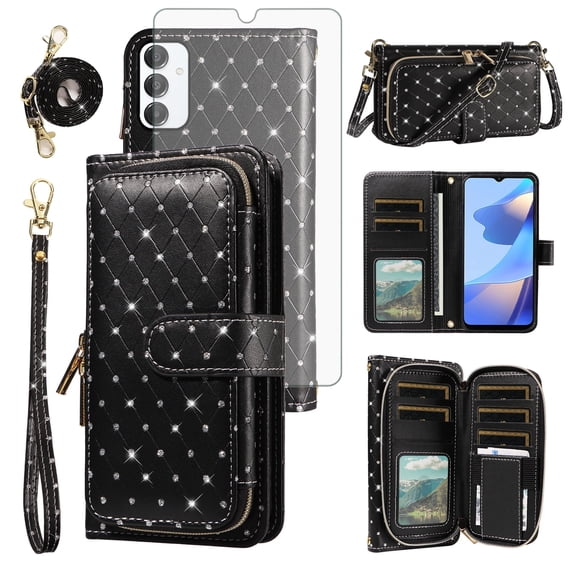 Compatible with Samsung Galaxy A16/A26 5G Wallet Phone Case Tempered Glass Screen Protector Bling Glitter Crossbody Lanyard Strap Flip Zipper Purse Card Holder Cell Cover for A 16 16A 26A Women Black