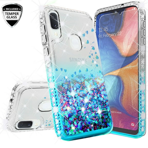 Compatible for Samsung Galaxy A20 Case, Galaxy A30 Case, Galaxy A50 Case, with [Tempered Glass Screen Protector] SOGA Diamond Liquid Quicksand Cover Cute Girl Women Phone Case - Clear/Teal