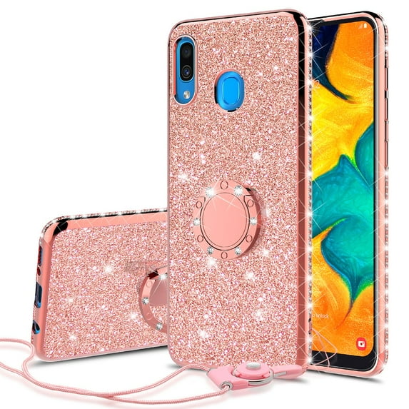 Compatible for Samsung Galaxy A20 Case, Galaxy A30 Case, SOGA Glitter Diamond Rhinestone TPU Phone Cover with Ring Stand and Lanyard Girls Women Cover (Rose Gold)