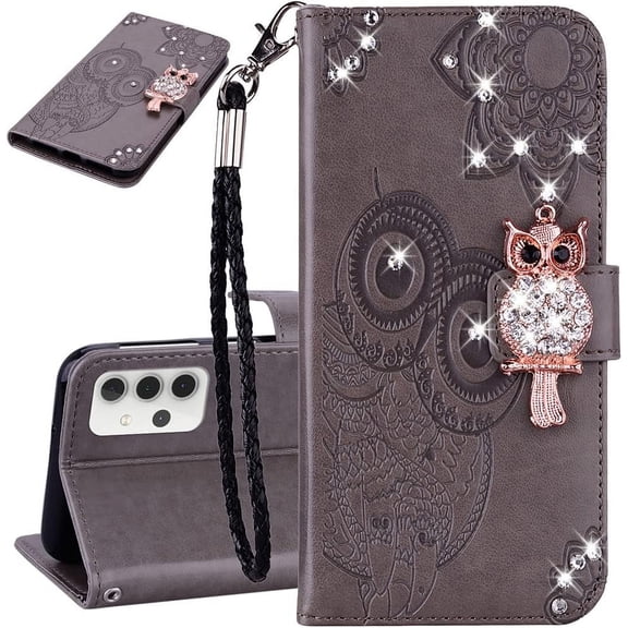 Compatible with Samsung Galaxy A20 Case Glitter Stylish Crystal Owl with Wrist Strap Kickstand Magnetic Leather Wallet for Women Flip Phone Case for Samsung Galaxy A20 / A30 Grey YK