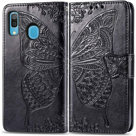 Compatible with Samsung Galaxy A20 Wallet Case for Women, Leather Flip Folio with Kickstand Magnetic and Card Holder Protective Case for Samsung Galaxy A20 / A30 Butterfly Black SD