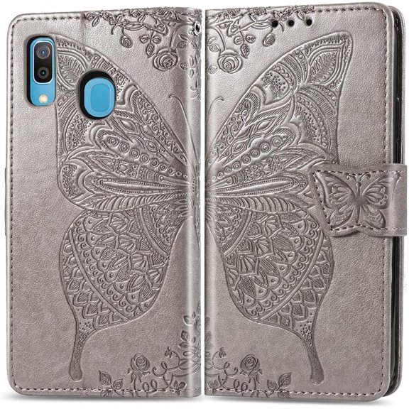 Compatible with Samsung Galaxy A20 Wallet Case for Women, Leather Flip Folio with Kickstand Magnetic and Card Holder Protective Case for Samsung Galaxy A20 / A30 Butterfly Grey SD