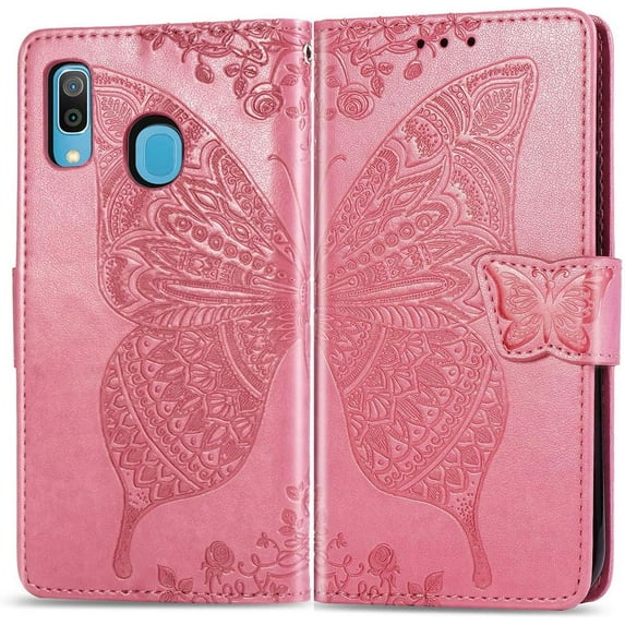 Compatible with Samsung Galaxy A20 Wallet Case for Women, Leather Flip Folio with Kickstand Magnetic and Card Holder Protective Case for Samsung Galaxy A20 / A30 Butterfly Pink SD