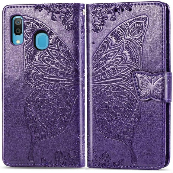 Compatible with Samsung Galaxy A20 Wallet Case for Women, Leather Flip Folio with Kickstand Magnetic and Card Holder Protective Case for Samsung Galaxy A20 / A30 Butterfly Purple SD