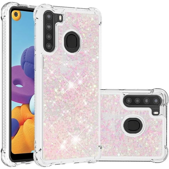 Compatible with Samsung Galaxy A21 Case Glitter Liquid Cute Clear Phone Case Floating Quicksand Shockproof Protective Bumper Silicone Soft TPU Case for Samsung Galaxy A21 Star Pink YB