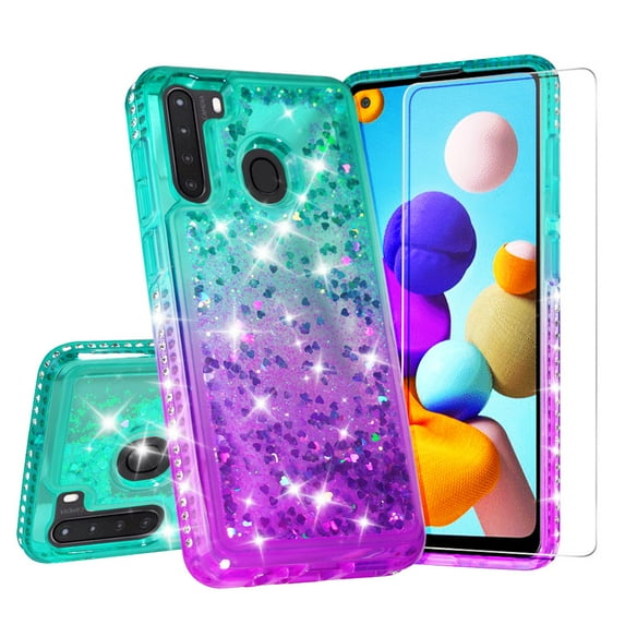 Compatible for Samsung Galaxy A21 Case with Tempered Glass Screen Protector SOGA Diamond Liquid Quicksand Cover Cute Girl Women Phone Case - Teal / Purple