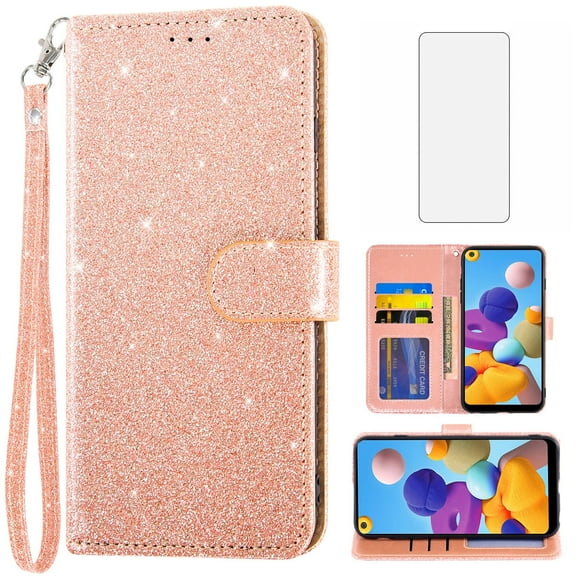 Compatible with Samsung Galaxy A22 4G 6.4 inch Wallet Phone Case and Tempered Glass Screen Protector Flip Credit Card Holder Stand Bling Glitter Cell Cover for M32 M22 F22 A 22 22A G4 Women Pink
