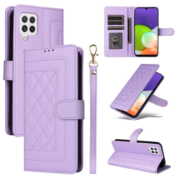 Compatible with Samsung Galaxy A22 4G Case, Premium Leather Wallet Book Case Magnetic Flip RFID Blocking Credit Card Holder Kickstand with Wrist Strap Shock Absorbing Case, Purple