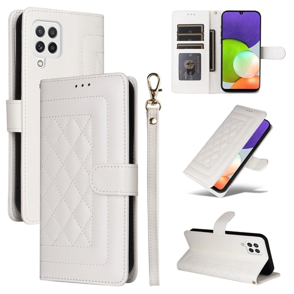 Compatible with Samsung Galaxy A22 4G Case, Premium Leather Wallet Book Case Magnetic Flip RFID Blocking Credit Card Holder Kickstand with Wrist Strap Shock Absorbing Case, White