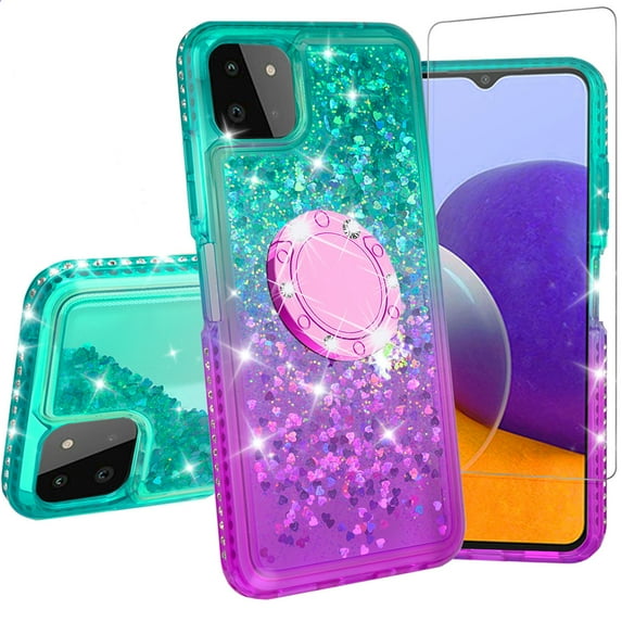 Compatible for Samsung Galaxy A22 5G Case, with Tempered Glass Screen Protector SOGA Diamond Liquid Quicksand Cover Cute Girl Women Phone Case - Teal / Purple