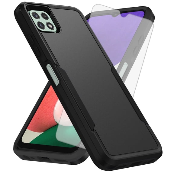 Compatible with Samsung Galaxy A22 5G Phone Case Tempered Glass Screen Protector Hybrid Rugged Shockproof Hard Protective Drop Proof Full Body Heavy Duty Mobile Cell Cover for A 22 22A A22s G5 Black