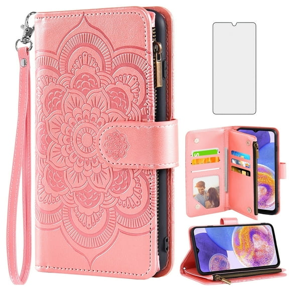 Compatible with Samsung Galaxy A23 5G/4G Wallet Phone Case and Tempered Glass Screen Protector Flower Faux Leather Flip Credit Card Holder Stand Zipper Cell Cover for A 23 23A 6.6 Women Pink