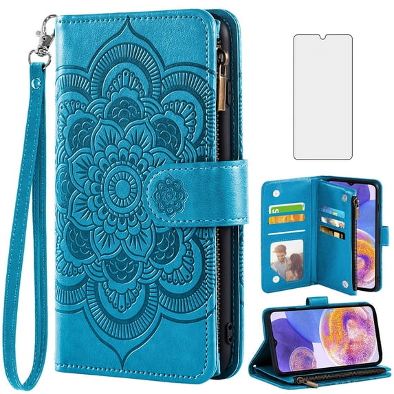 Compatible with Samsung Galaxy A23 5G/4G Wallet Phone Case and Tempered Glass Screen Protector Flower Faux Leather Flip Credit Card Holder Stand Zipper Cell Cover for A 23 23A 6.6 Women Blue