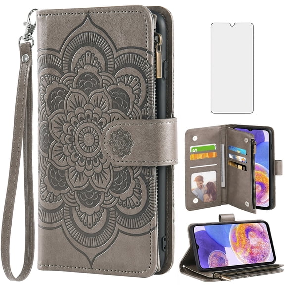 Compatible with Samsung Galaxy A23 5G/4G Wallet Phone Case and Tempered Glass Screen Protector Flower Faux Leather Flip Credit Card Holder Stand Zipper Cell Cover for A 23 23A 6.6 Women Grey