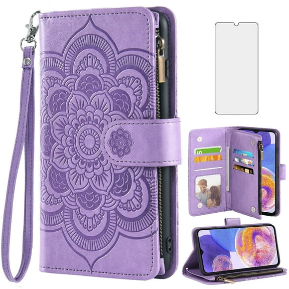 Compatible with Samsung Galaxy A23 5G/4G Wallet Phone Case and Tempered Glass Screen Protector Flower Faux Leather Flip Credit Card Holder Stand Zipper Cell Cover for A 23 23A 6.6 Women Purple