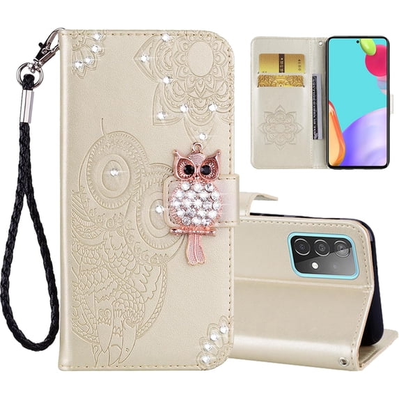 Compatible with Samsung Galaxy A23 5G Flip Case for Women,Glitter Cute Owl Rhinestone Pu Leather Wallet with Cards Slot Cash Pockets Case for Samsung Galaxy A23 5G 6.6'' MTY-Gold