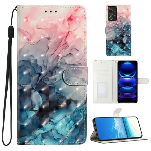 Compatible with Samsung Galaxy A23 5G Wallet Case for Women Girls, Pattern PU Leather Flip Cover with Card Holder and Kickstand Protective Phone Case with Lanyard for A23 5G, Pink+Blue