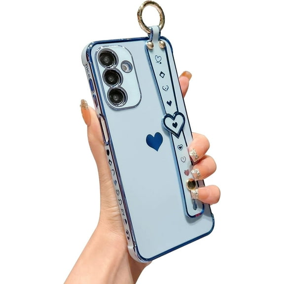 Compatible with Samsung Galaxy A24 4g Phone Case with Cute Love Heart Wrist Strap Kickstand Luxury Plating Side Elegant Heart Pattern Cover Soft Shockproof Stand Holder Bumper (Blue)
