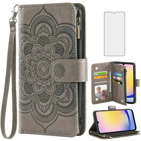 Compatible with Samsung Galaxy A25 5G/A24 4G/M34 /F34 Wallet Phone Case and Tempered Glass Screen Protector Flower Faux Leather Flip Credit Card Holder Stand Zipper Cell Cover for A 25 25A LTE Grey