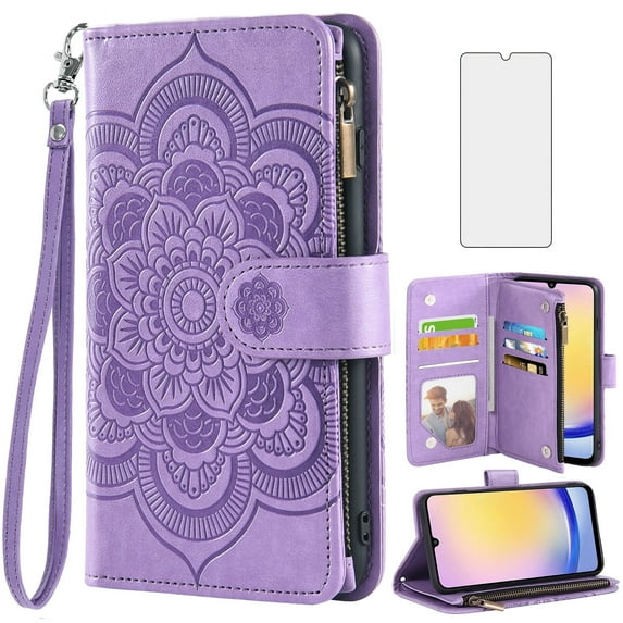 Compatible with Samsung Galaxy A25 5G/A24 4G/M34 /F34 Wallet Phone Case and Tempered Glass Screen Protector Flower Faux Leather Flip Credit Card Holder Stand Zipper Cell Cover for A 25 25A LTE Purple