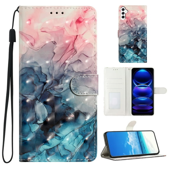 Compatible with Samsung Galaxy A25 5G Case, Colored Drawing Wallet Women Girls PU Leather Case with Card Slots/Cash Pocket Wrist Strap Magnetic Flip Stand Book Kickstand Cover, Pink+Blue