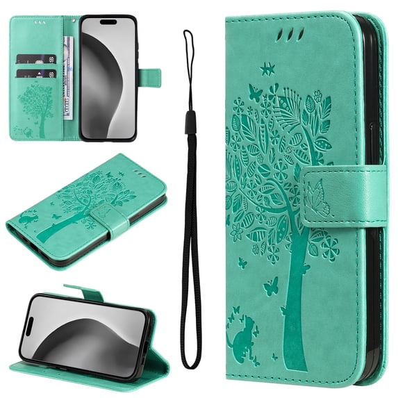 Compatible with Samsung Galaxy A25 5G Case Wallet Case with Kickstand Credit Card Holder Slots Cute Cat Butterfly & Tree Embossed Premium PU Leather Protective Phone Case with Wrist Strap,Green