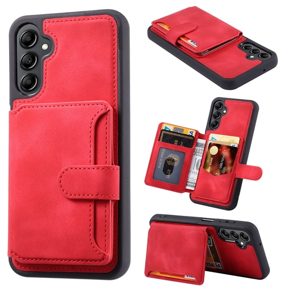 Compatible with Samsung Galaxy A25 5G, Stylish Card Slots Kickstand PU Leather TPU Frame Magnetic Closure Shockproof Ultra Slim Back Case Cover Designed for Samsung Galaxy A25 5G, Red