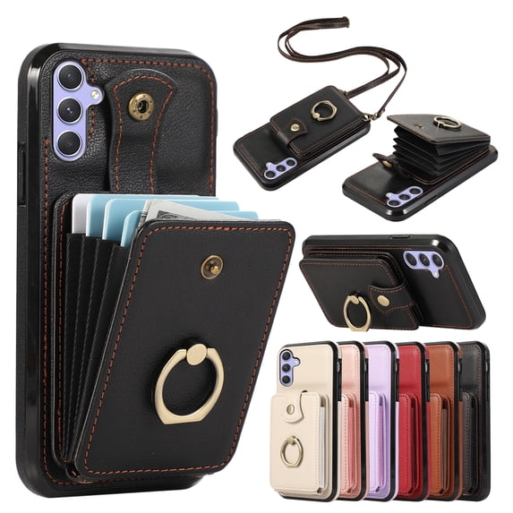 Compatible with Samsung Galaxy A25 5G Wallet Case, PU Leather Case with Card Holder, 360° Rotation Ring Kickstand, Shoulder Strap, Magnetic Snap Protective Case Designed for A25 5G, Black