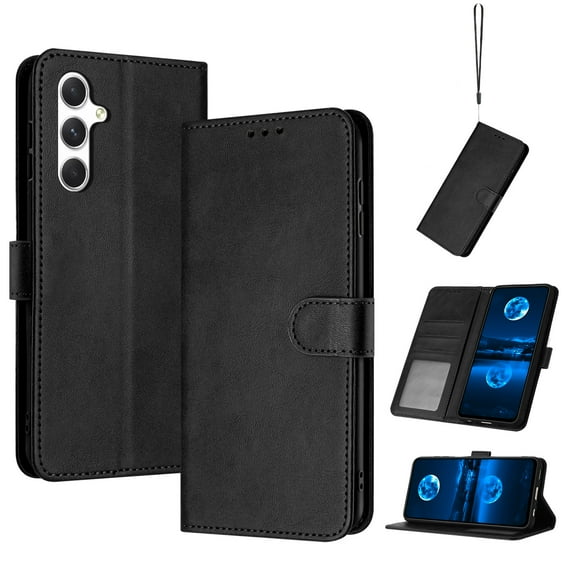 Compatible with Samsung Galaxy A25 5G Wallet Case for Women, Premium PU Leather Flip Cover with Card Holder, Kickstand Feature Protective Purse Case for A25 5G with Wrist Strap,Black