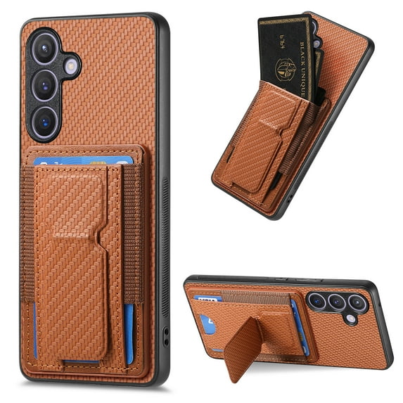 Compatible with Samsung Galaxy A26 5G, Carbon Fiber Back + TPU Frame, 135 Degree Free Folding Kickstand, Card Slots Back Case, Slim Anti-drop Cover for Samsung Galaxy A26 5G, Brown