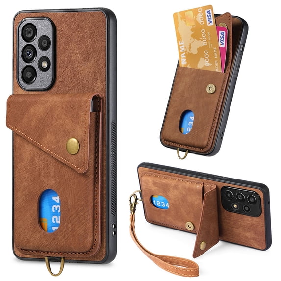 Compatible with Samsung Galaxy A26 5G PU Leather Back + TPU Frame Case, Card Slot Magnetic Snap with Removable Wrist Strap Support Magnetic Car Mount Kickstand Cover for Samsung Galaxy A26 5G, Brown