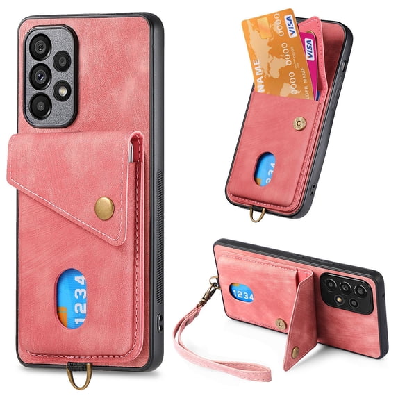 Compatible with Samsung Galaxy A26 5G PU Leather Back + TPU Frame Case, Card Slot Magnetic Snap with Removable Wrist Strap Support Magnetic Car Mount Kickstand Cover for Samsung Galaxy A26 5G, Pink