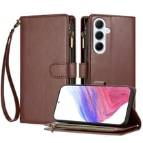 Compatible with Samsung Galaxy A26 5G Wallet Case, [9 Card Slots] [Cash Pocket] [Zipper Pocket] Removable Adjustable Crossbody Strap Wrist Strap Magnetic PU Leather Kickstand Phone Case, Brown