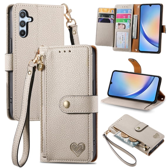 Compatible with Samsung Galaxy A26 5G,Wallet Case with Card Holder, RFID Blocking PU Leather Case Flip Kickstand Cover Wrist Strap Zipper Pocket Credit Card Slots Shockproof for Women Men,Gray