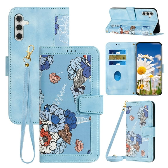 Compatible with Samsung Galaxy A26 5G Wallet Case for Women, Shoulder Strap + Wristband Premium PU Leather Floral Flip Cover with Card Holder Kickstand Feature Protective Purse Case, Blue