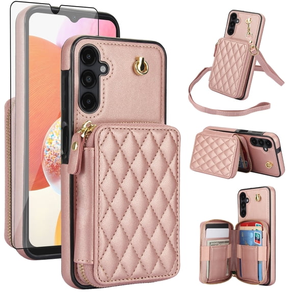 Compatible with Samsung Galaxy A26 5G Wallet Phone Case Tempered Glass Screen Protector Wrist Crossbody Strap Stand Credit Card Holder RFID Slot Cell Cover for A 26 26A LTE Women Girls Rose Gold