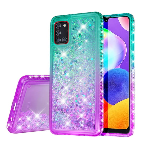 Compatible for Samsung Galaxy A31 Case with Tempered Glass Screen Protector SOGA Diamond Liquid Quicksand Cover Cute Girl Women Phone Case - Teal / Purple