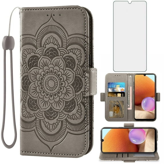 Compatible with Samsung Galaxy A32 4G 6.4 inch Wallet Phone Case and Tempered Glass Screen Protector Flip Credit Card Holder Stand Mandala Flower Cell Cover for A 32 32A S32 G4 SM-A325M/DS Gray