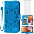 thumbnail image 1 of Compatible with Samsung Galaxy A32 4G 6.4 inch Wallet Phone Case and Tempered Glass Screen Protector Flip Credit Card Holder Stand Mandala Flower Cell Cover for A 32 32A S32 G4 SM-A325M/DS Blue, 1 of 9